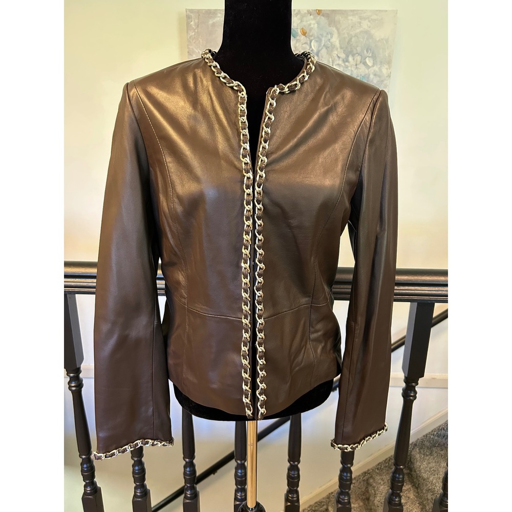 Bradley Bayou Brown Genuine Leather Jacket Silver Chain Trim Open Front Small